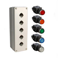 An illuminated push button box kit with a grey mounting box and red, amber, green, blue and white push buttons.