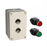 A 24V DC grey push button box kit with illuminating red and green push buttons on a white background.