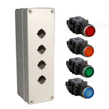 A 24V DC grey push button box kit with illuminating red, amber, green and blue push buttons on a white background.