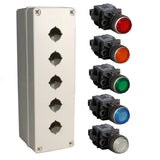 A 24V DC grey push button box kit with illuminating red, amber, green, blue and white push buttons on a white background.