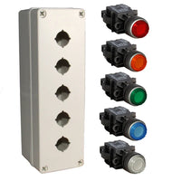 A 24V DC grey push button box kit with illuminating red, amber, green, blue and white push buttons on a white background.