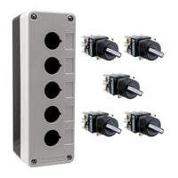 Black and grey push button box with five holes, held together by four phillips head screws next to five black and white 2-position selector switches on a white background.