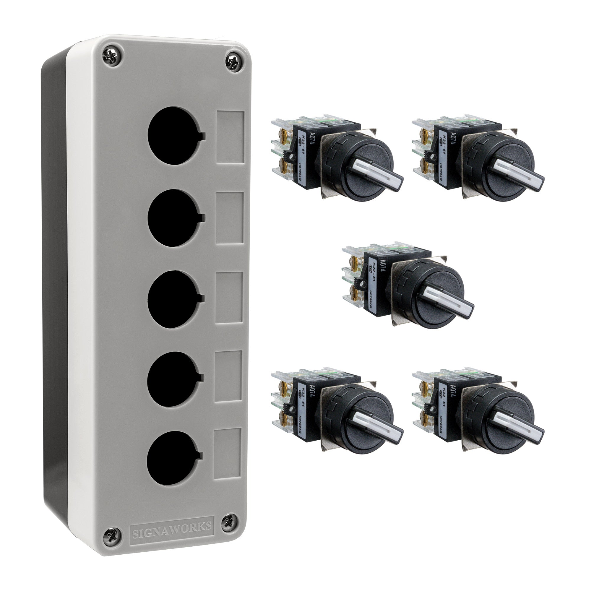 Black and grey push button box with five holes, held together by four phillips head screws next to five black and white 2-position selector switches on a white background.