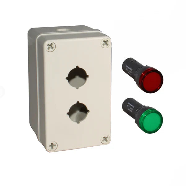 Grey unbranded box with two holes and red and green push buttons on a white background.