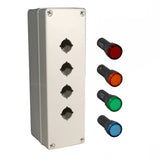 Grey unbranded box with four holes and red, amber, green and blue pilot light on a white background.