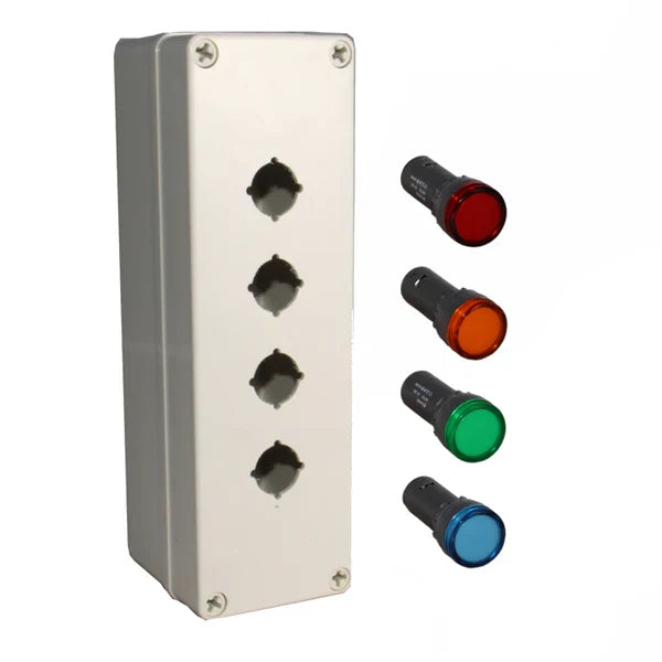 Grey unbranded box with four holes and red, amber, green and blue pilot light on a white background.