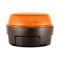 Low profile amber strobe with a black base on a white background.