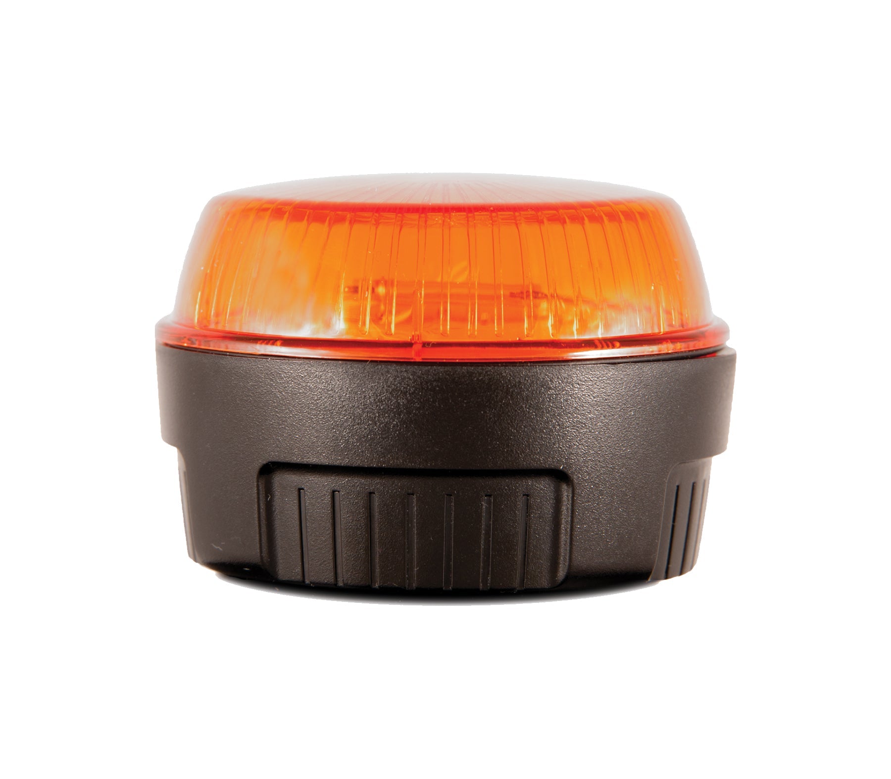 Low profile amber strobe with a black base on a white background.