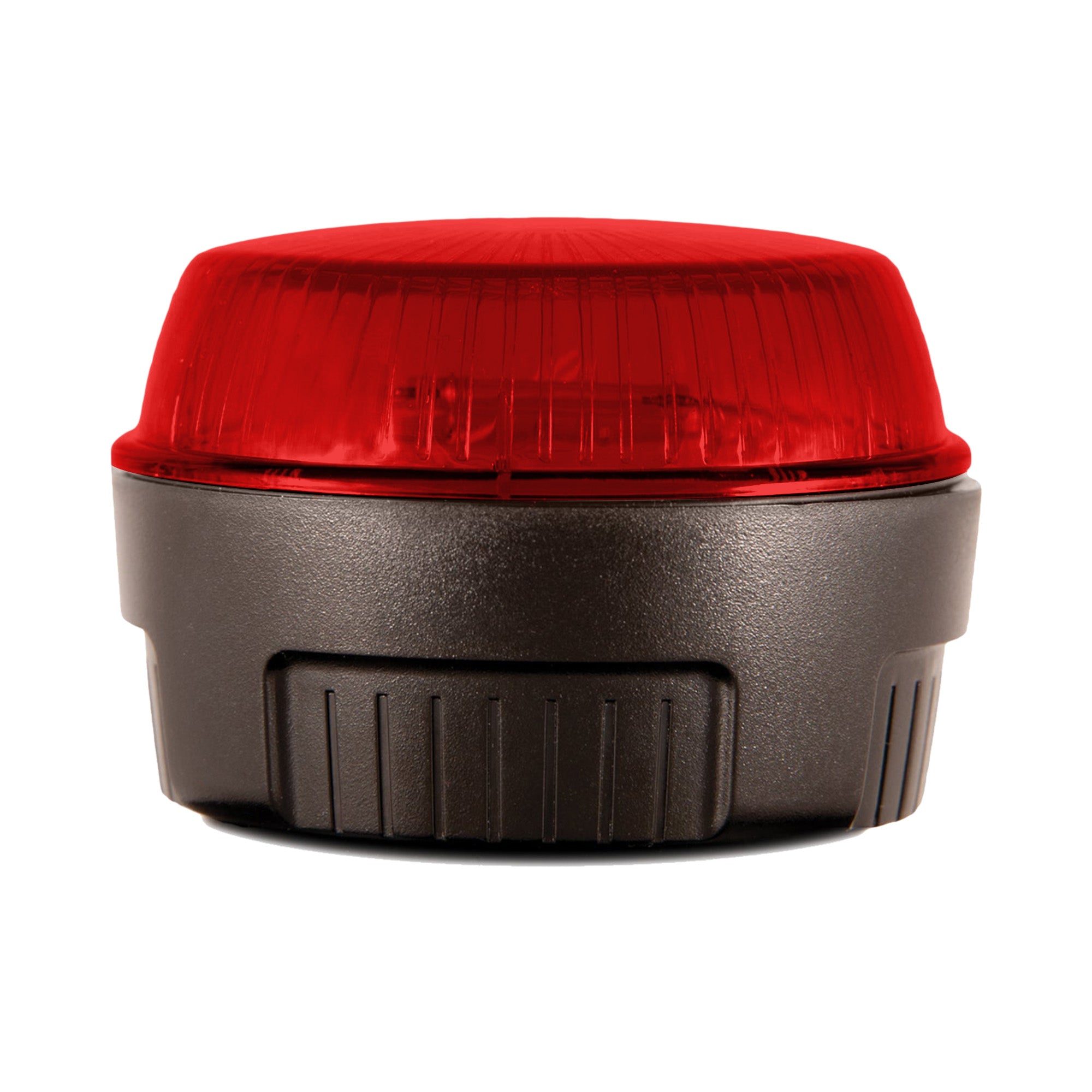 Red low profile strobe light with black base on a white background.