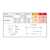 Technical specifications and dimensions of LP1X110/230V LED and LP1XMV/LED on a white background.