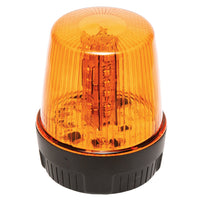 Amber LED warning light with black base on a white background.