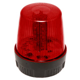 Red LED warning light with black base on a white background.