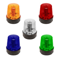 A collection of compact LED strobe lights in various colors including yellow, red, white, blue, and green.