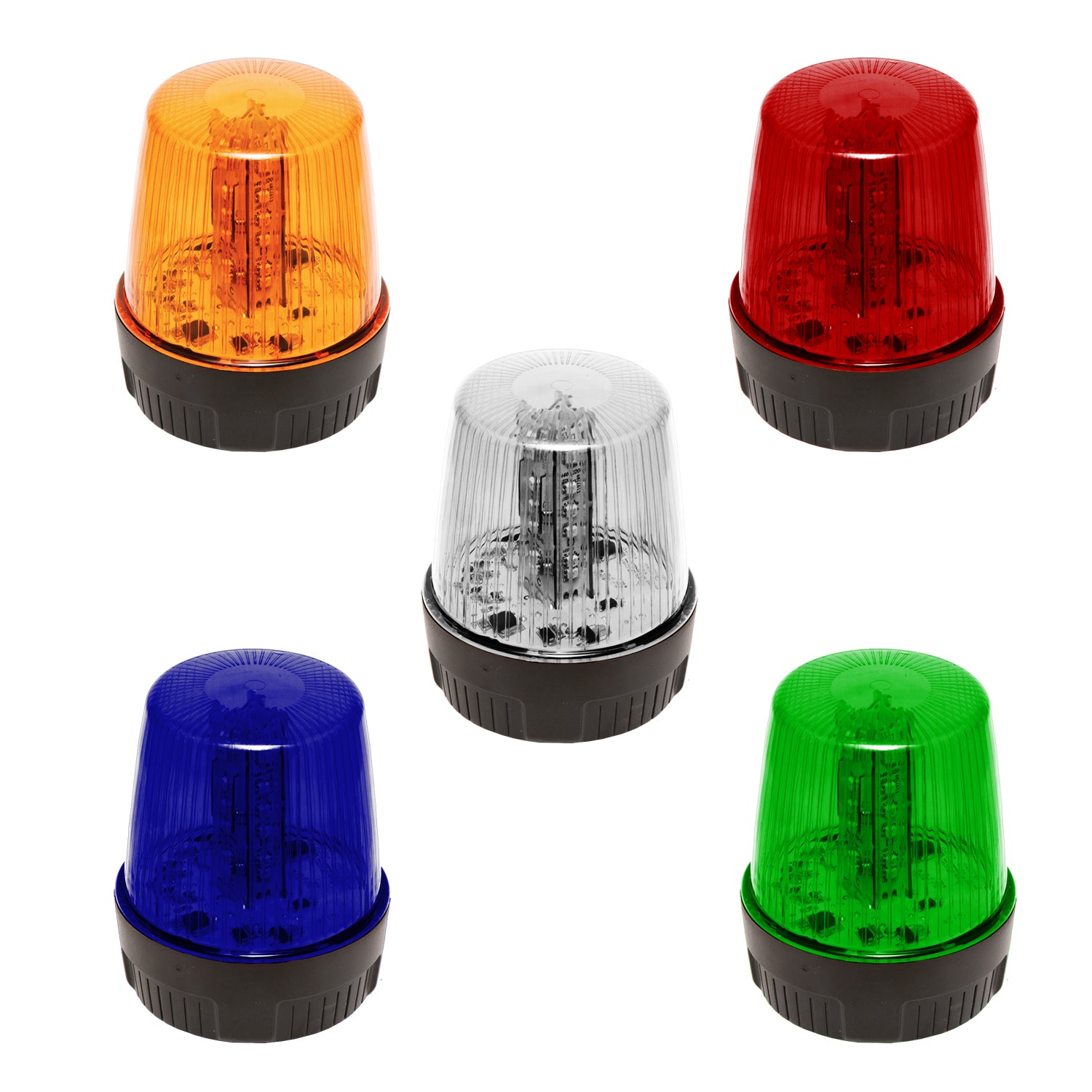 A collection of compact LED strobe lights in various colors including yellow, red, white, blue, and green.