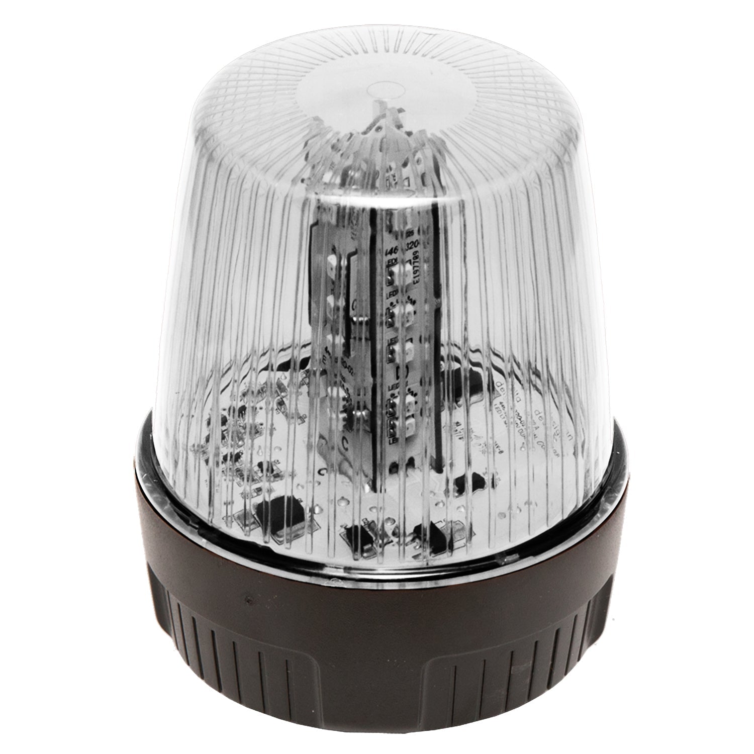 Clear strobe with black base on a white background.