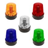 Set of five colored warning lights (red, orange, blue, clear and green) on a white background.