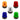 Set of five colored warning lights (red, orange, blue, clear and green) on a white background.