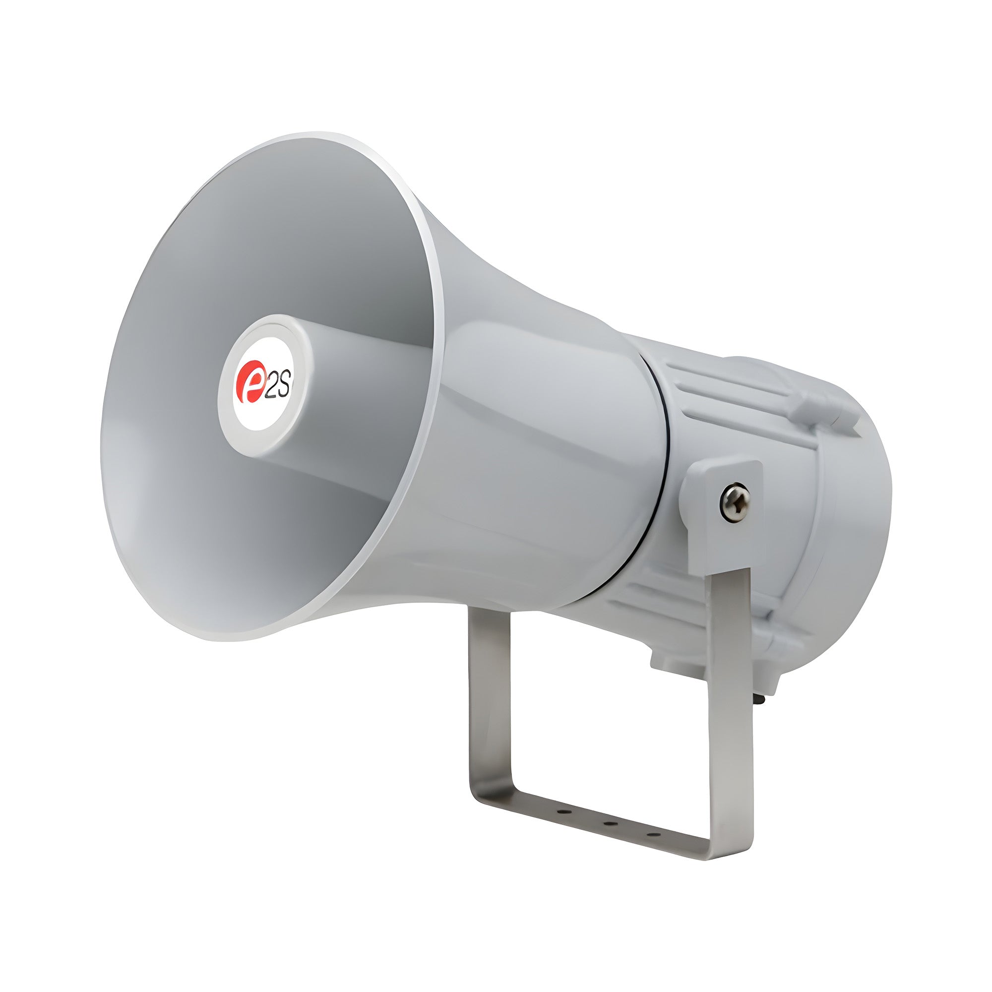 Gray megaphone-style alarm horn with a brand logo on a white background.