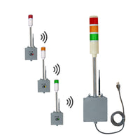 Three single-color pole-mounted industrial lights with switchboxes transmitting a signal corresponding three-light industrial signal.