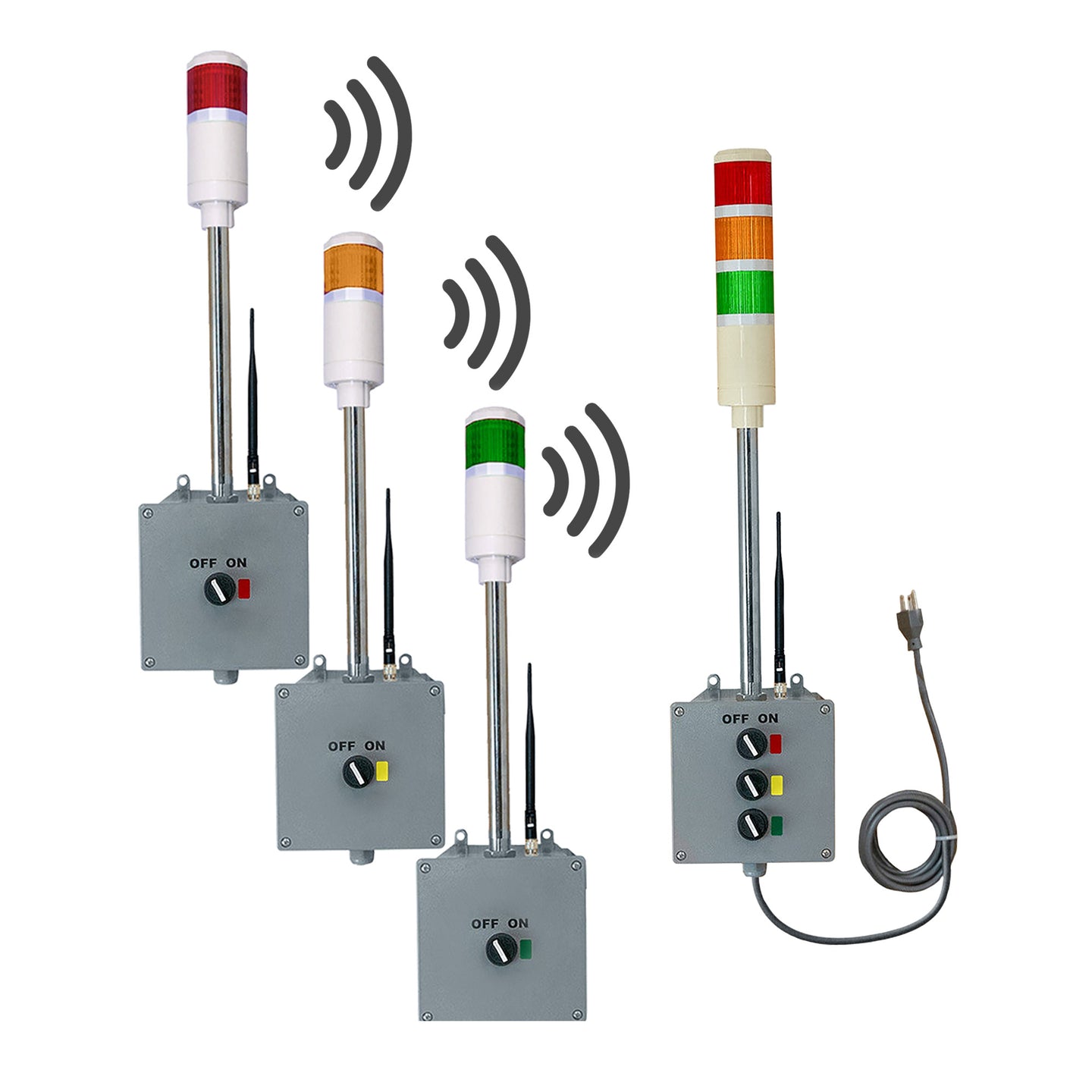Three single-color pole-mounted industrial lights with switchboxes transmitting a signal corresponding three-light industrial signal.