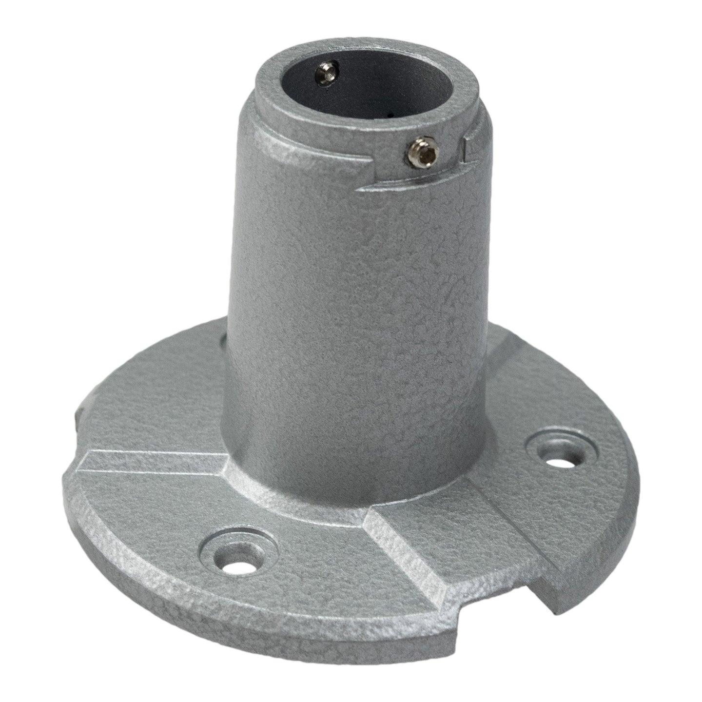 Top quarter profile of a silver mental pole mount on a white background.