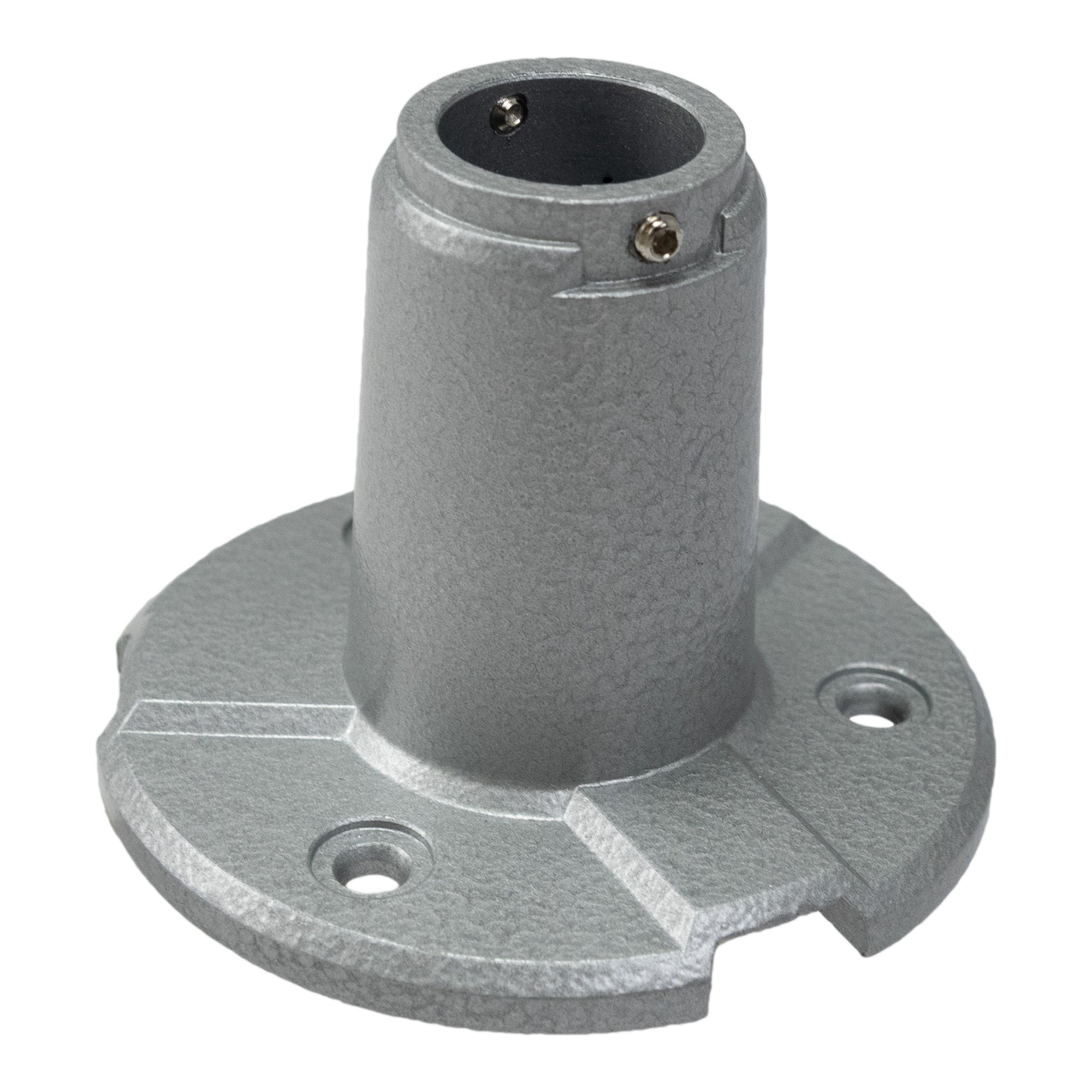 Top quarter profile of a silver mental pole mount on a white background.