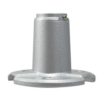 Side profile of a silver mental pole mount on a white background.