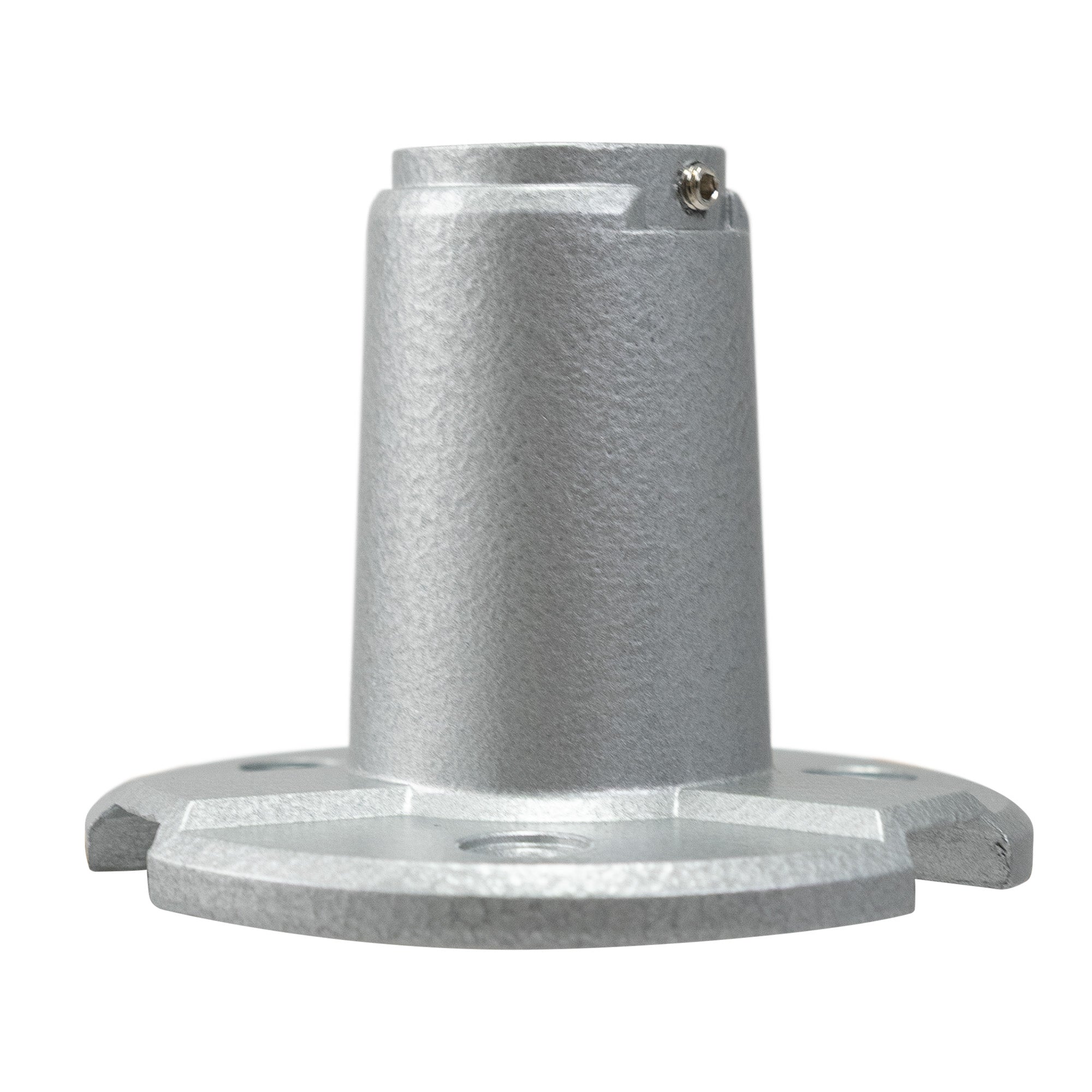 Side profile of a silver mental pole mount on a white background.