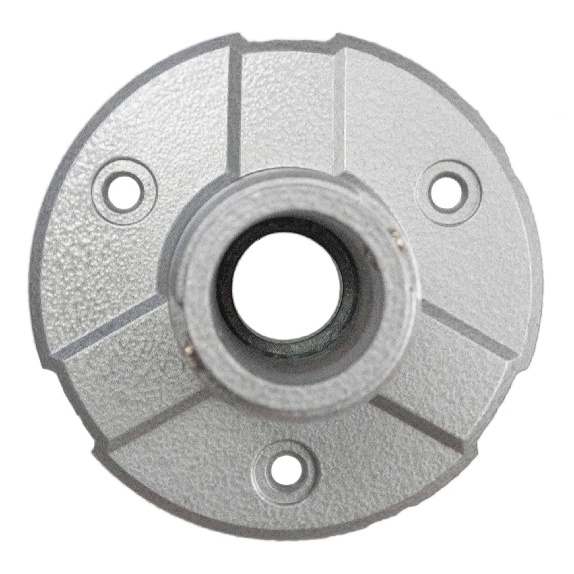 Top profile of a silver mental pole mount on a white background.
