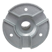Bottom profile of a silver mental pole mount on a white background.