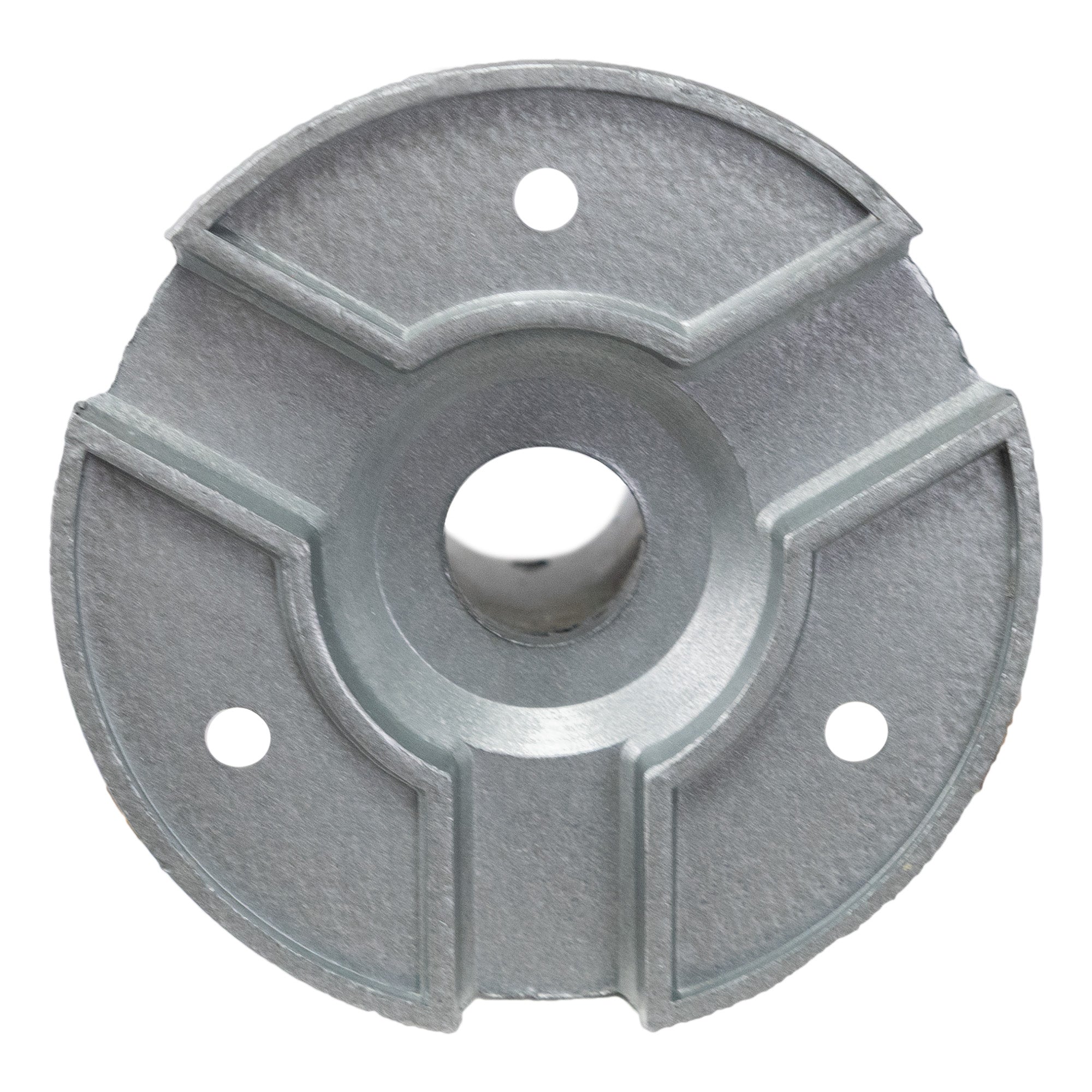 Bottom profile of a silver mental pole mount on a white background.