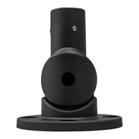 Side profile of a black articulating pole mount pointed upward on a white background.