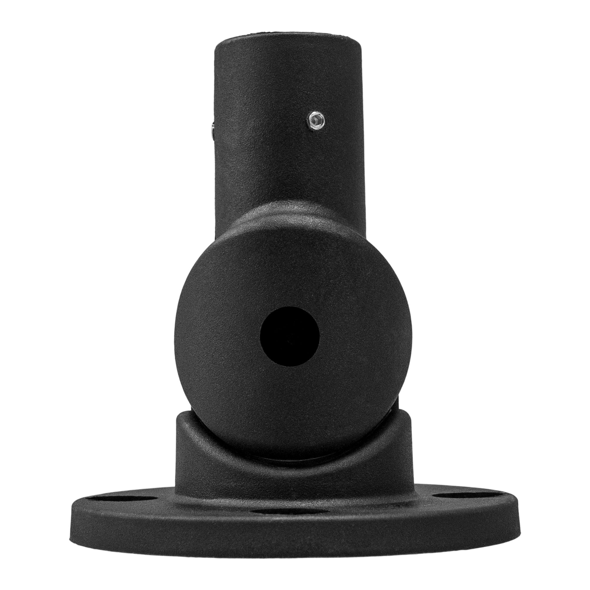 Side profile of a black articulating pole mount pointed upward on a white background.