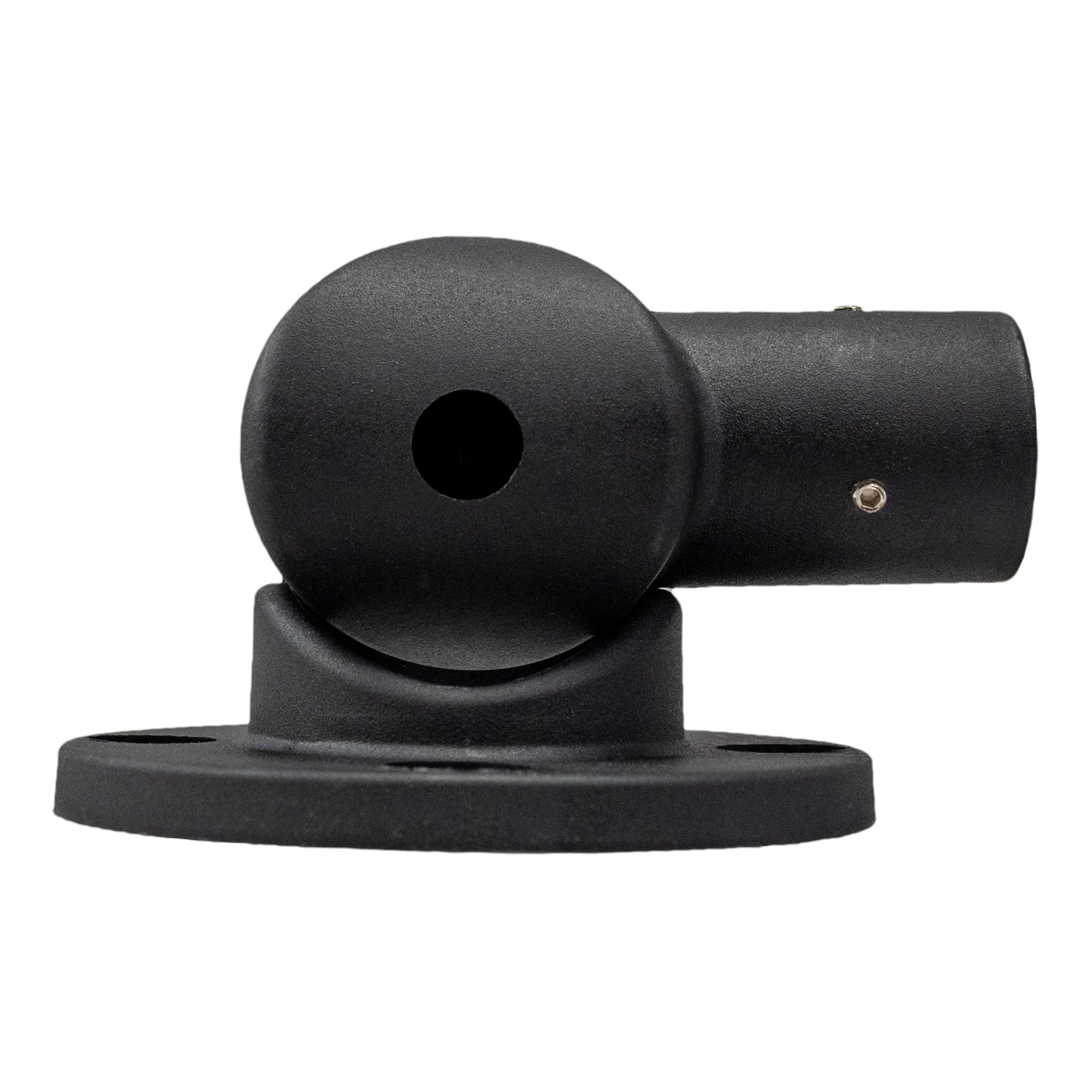 Side profile of a black articulating pole mount oriented to the right on a white background.