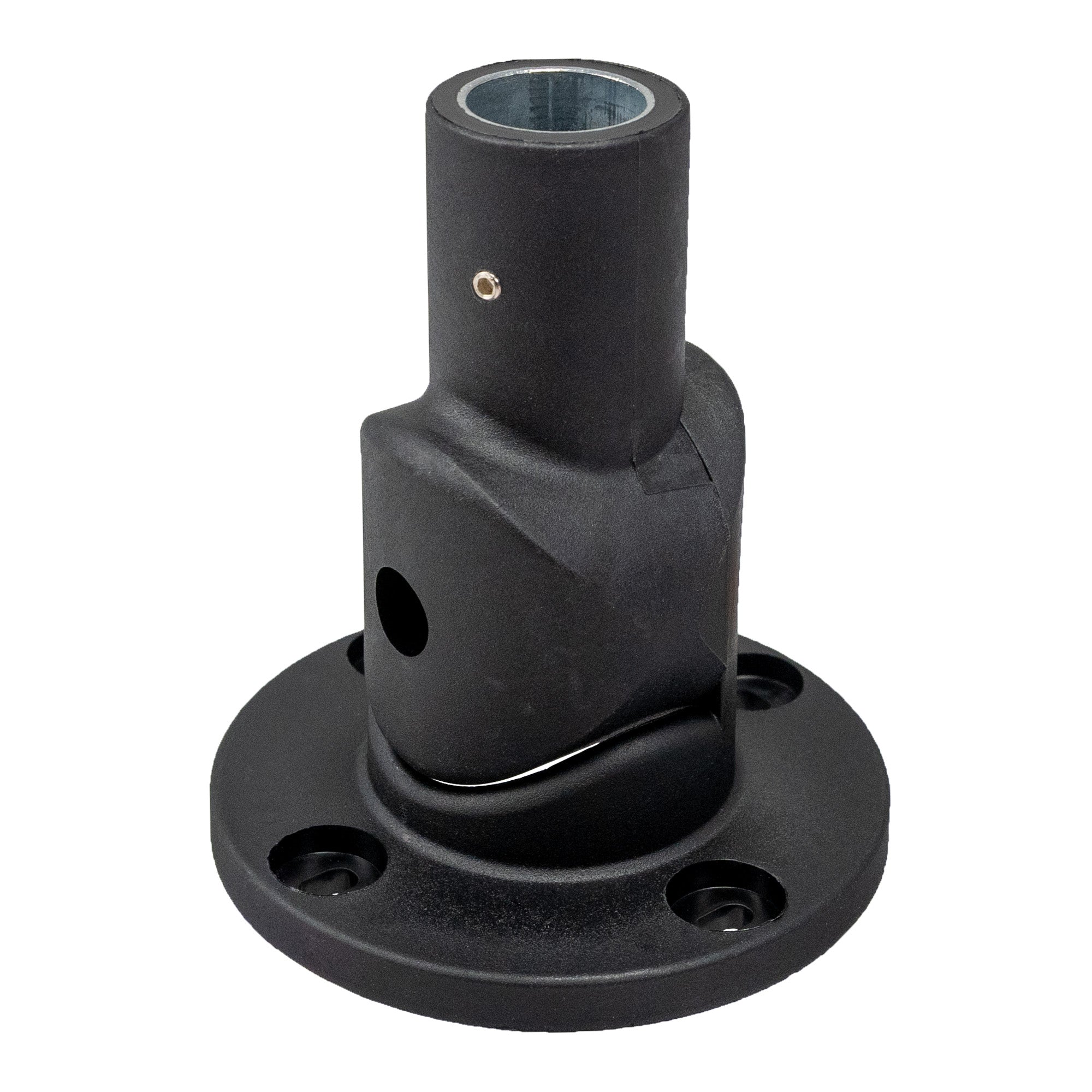 Top quarter profile of a black articulating pole mount on a white background.