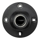 Top profile of a black plastic 90 degree articulating pole mount on a white background.