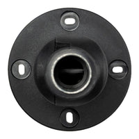 Top profile of a black plastic 90 degree articulating pole mount on a white background.
