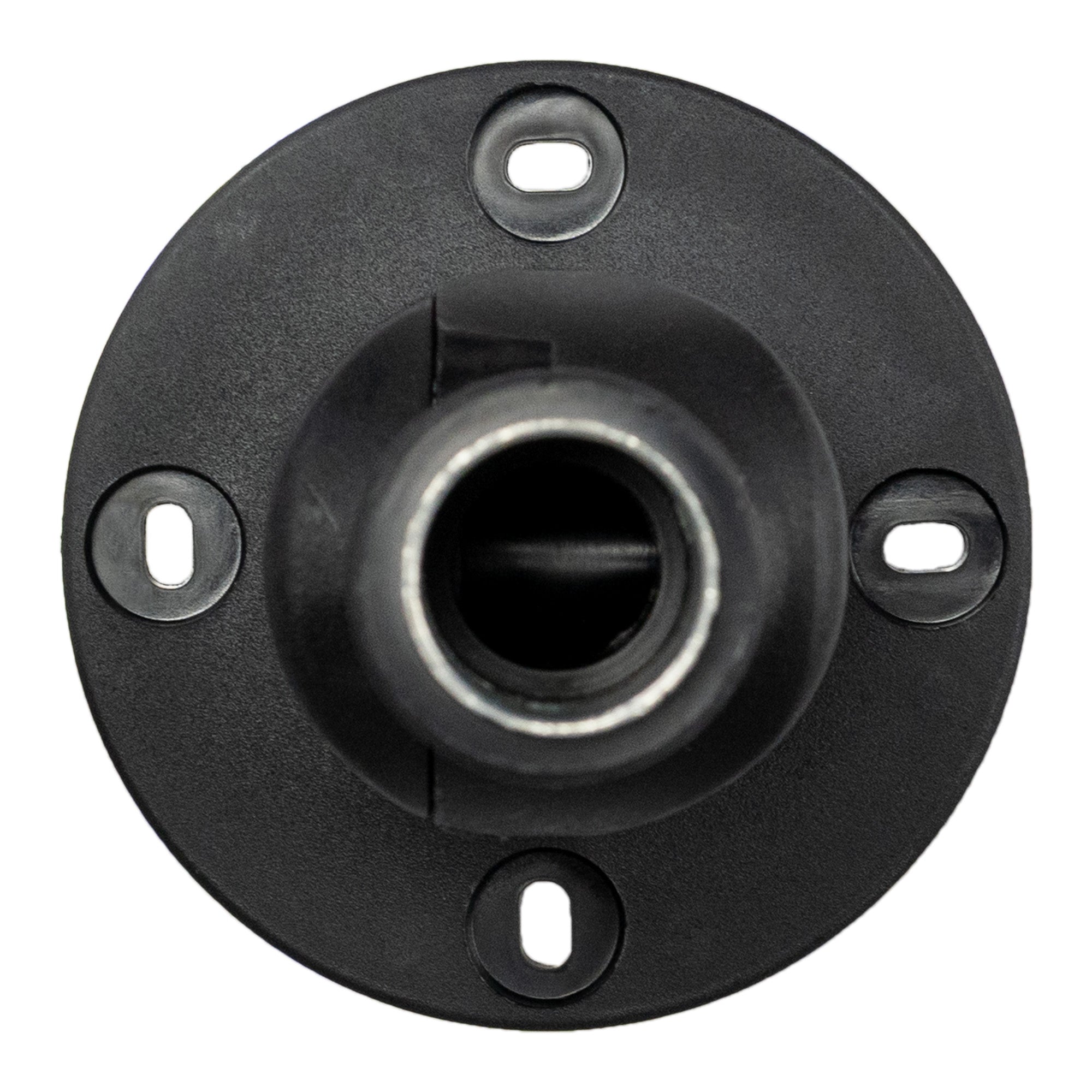Top profile of a black plastic 90 degree articulating pole mount on a white background.