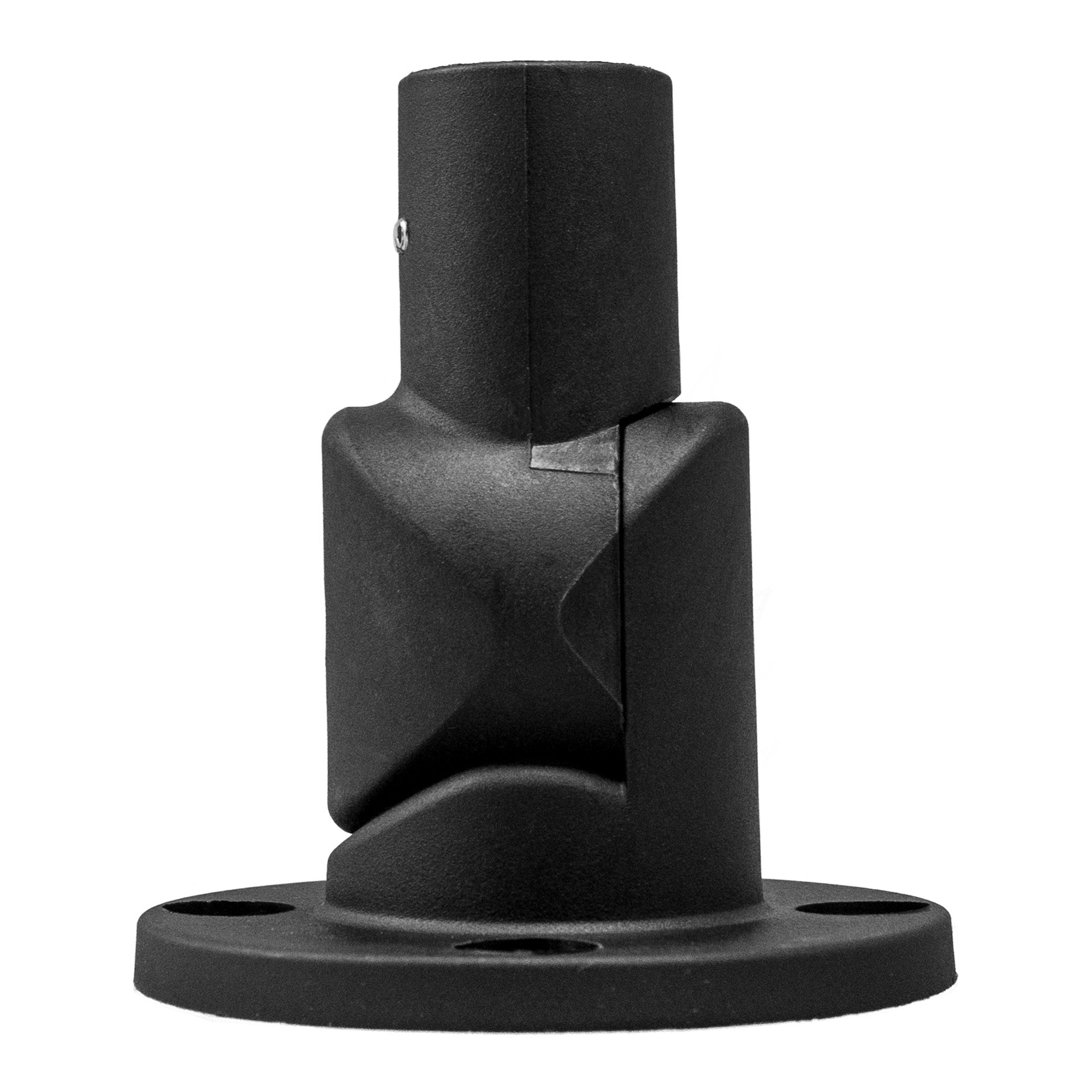 Side profile of a black articulating pole mount on a white background.