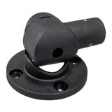 Side profile of a black articulating pole mount on a white background.