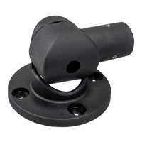 Side profile of a black articulating pole mount on a white background.