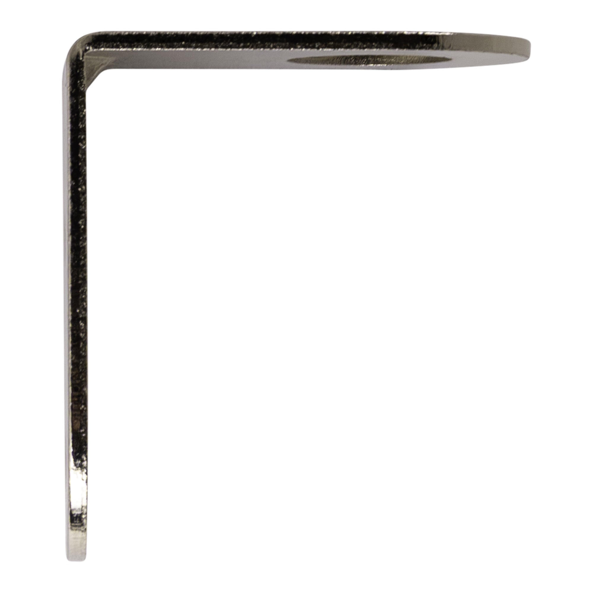 Side profile of a steel right angle pole mount on a white background.