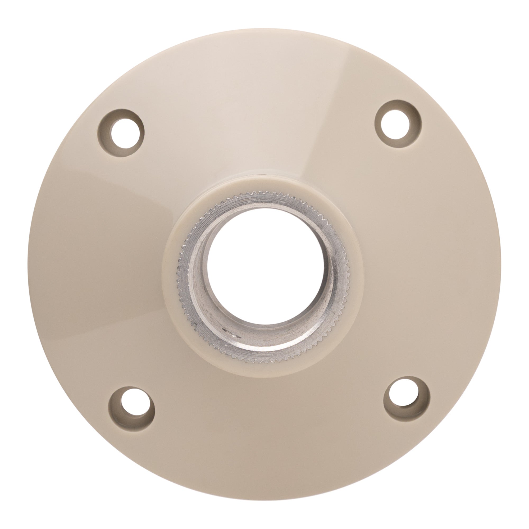 Top profile of a tan flange pole mount on a white background.