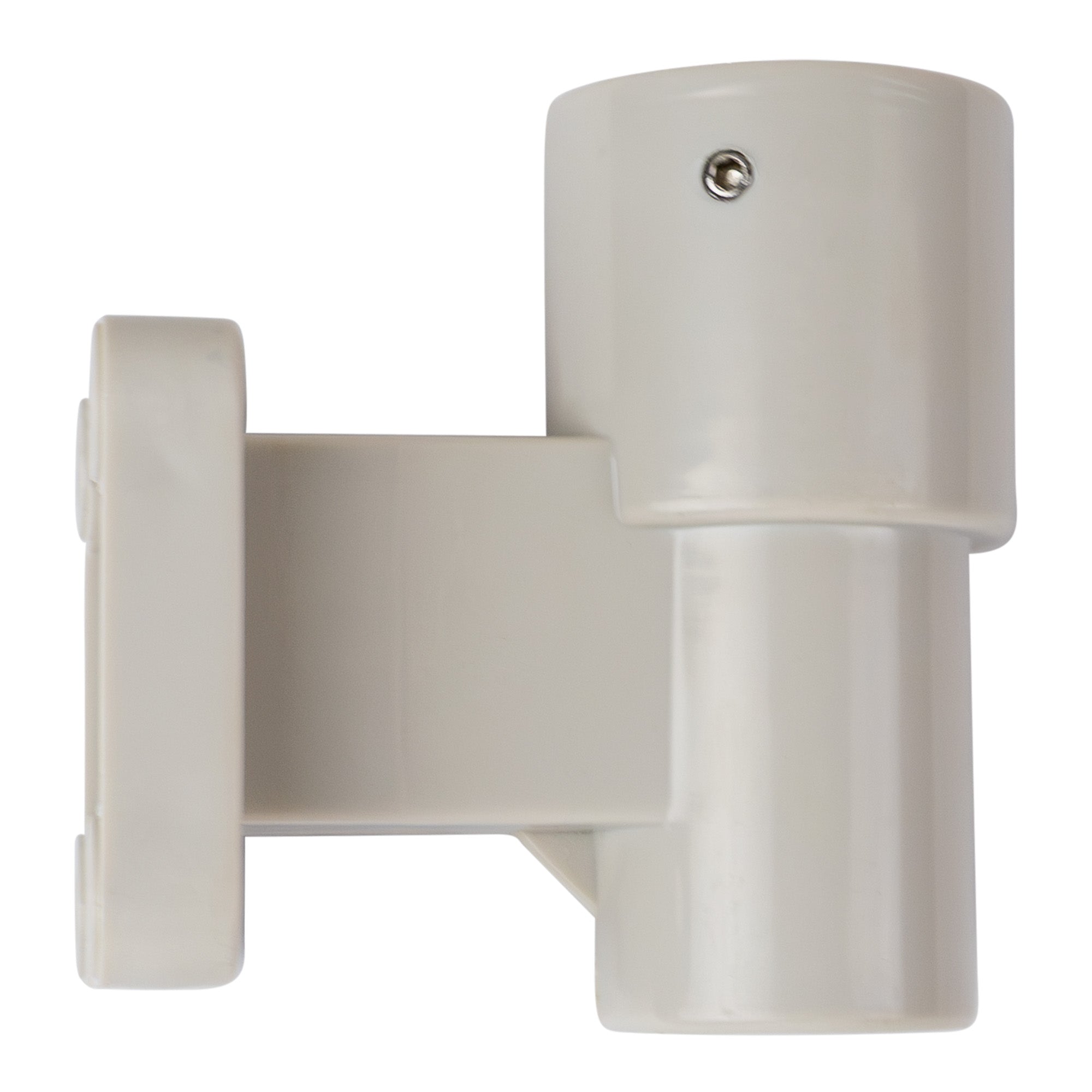 Side profile of a tan plastic wall pole mount on a white background.