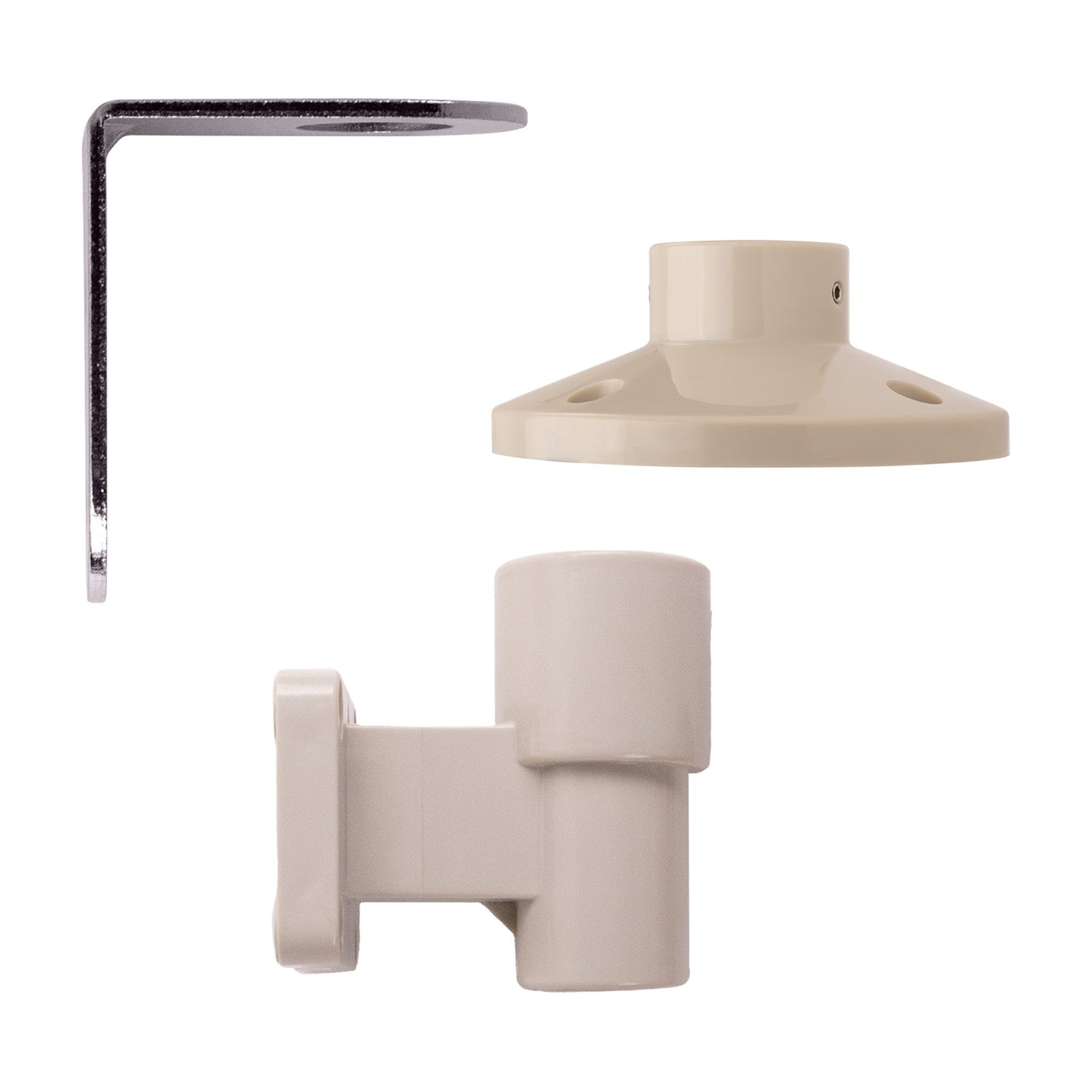 A side profile of a collection of pole mounts on a white background; Wall mount (Left), Flange pole mount (Top Right) and Right angle bracket (Bottom Right).