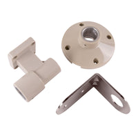 A top quarter view of a collection of pole mounts; Right angle bracket (Top Left), plastic flange mount (Top Right), Wall Mount (Bottom Center).