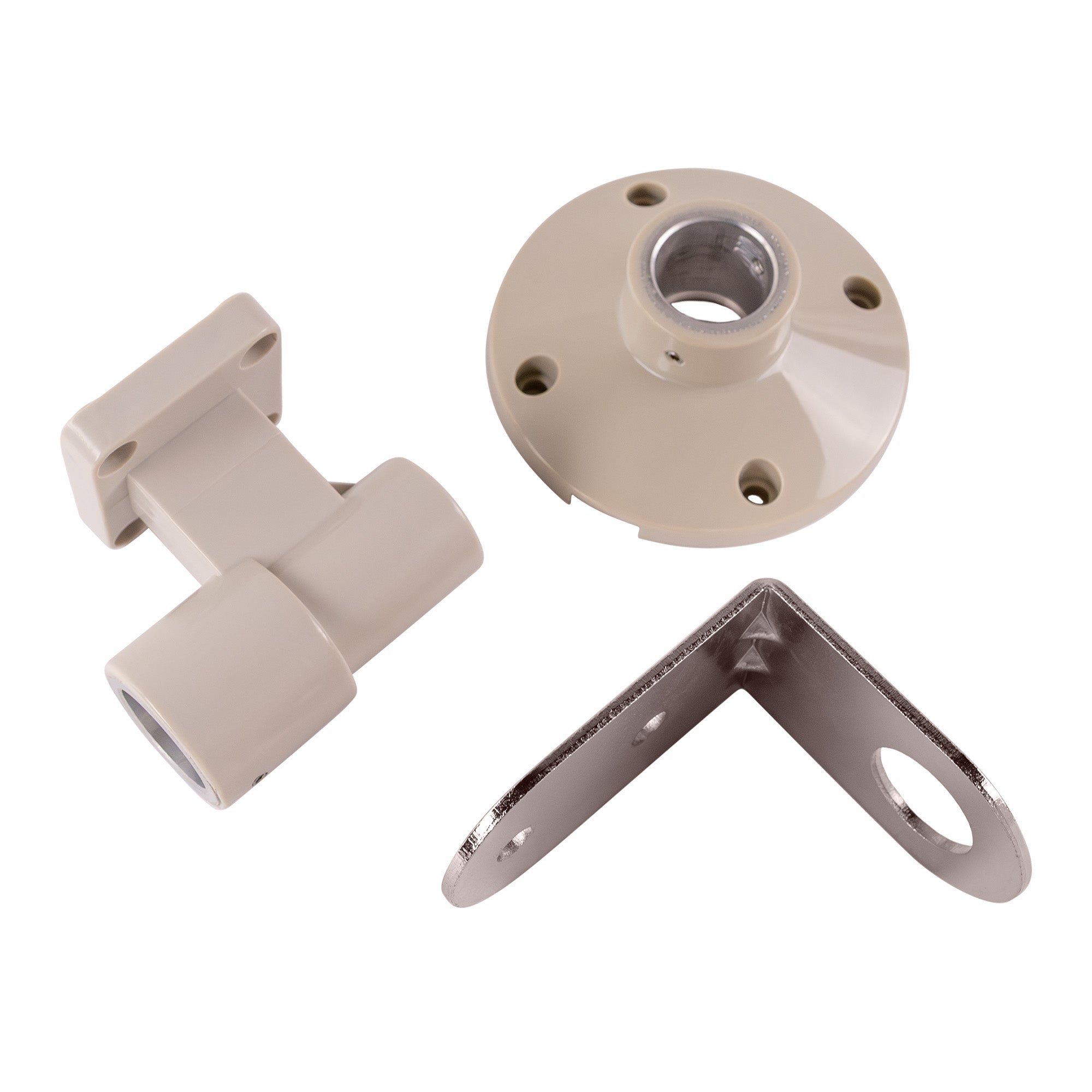 A top quarter view of a collection of pole mounts; Right angle bracket (Top Left), plastic flange mount (Top Right), Wall Mount (Bottom Center).