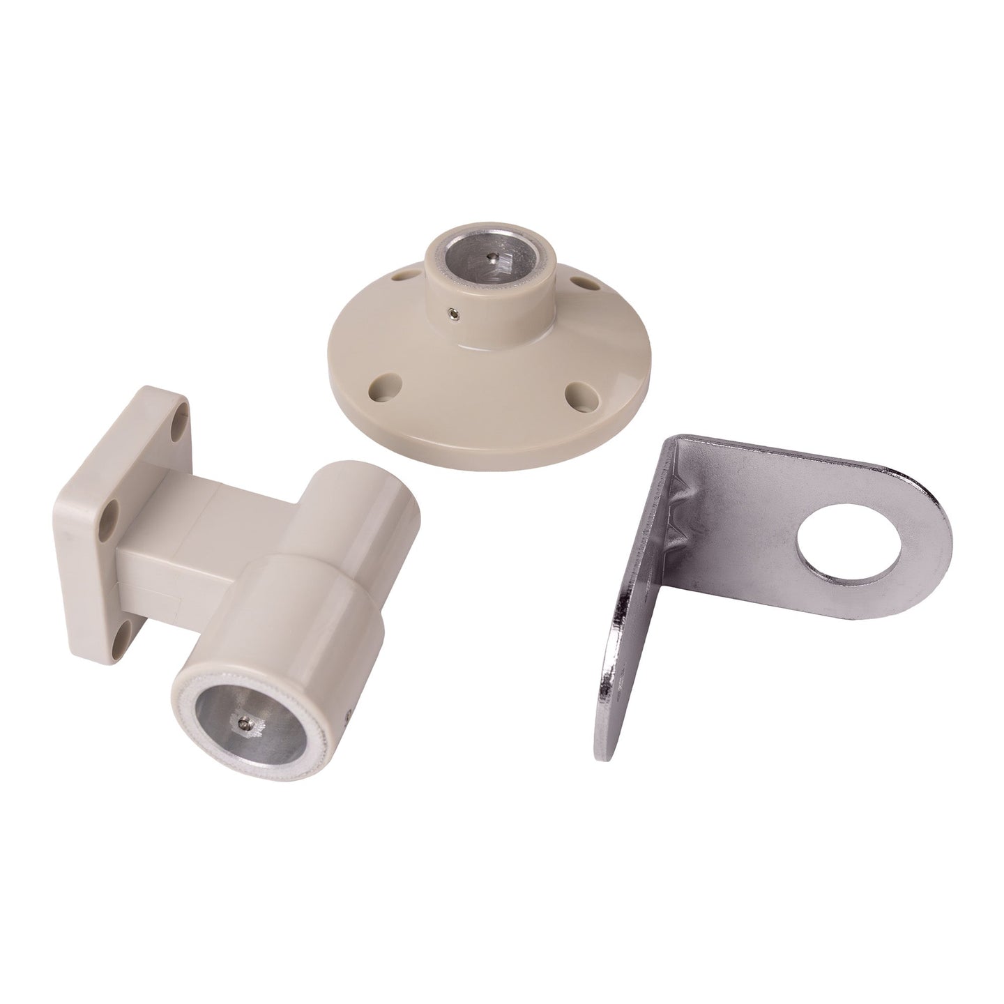 A top quarter view of a collection of pole mounts; Right angle bracket (Top Left), plastic flange mount (Top Right), Wall Mount (Bottom Center).