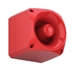 Red plastic alarm with a central cylindrical hole on a white background.