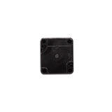 Black rear perspective of a push single push button enclosure on a white background.